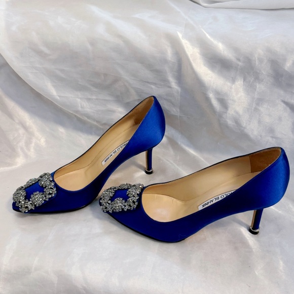 Manolo Blahnik Shoes - Manolo Blahnik Blue Satin Heels with Embellished Buckle